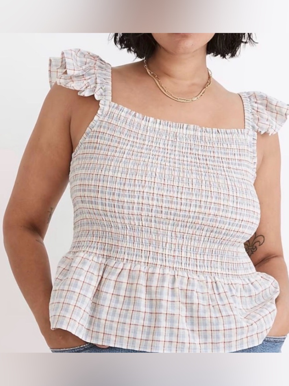 Madewell Seersucker Lucie Smocked Peplum Top in Rainbow Plaid size 6 with tags - Picture 2 of 6